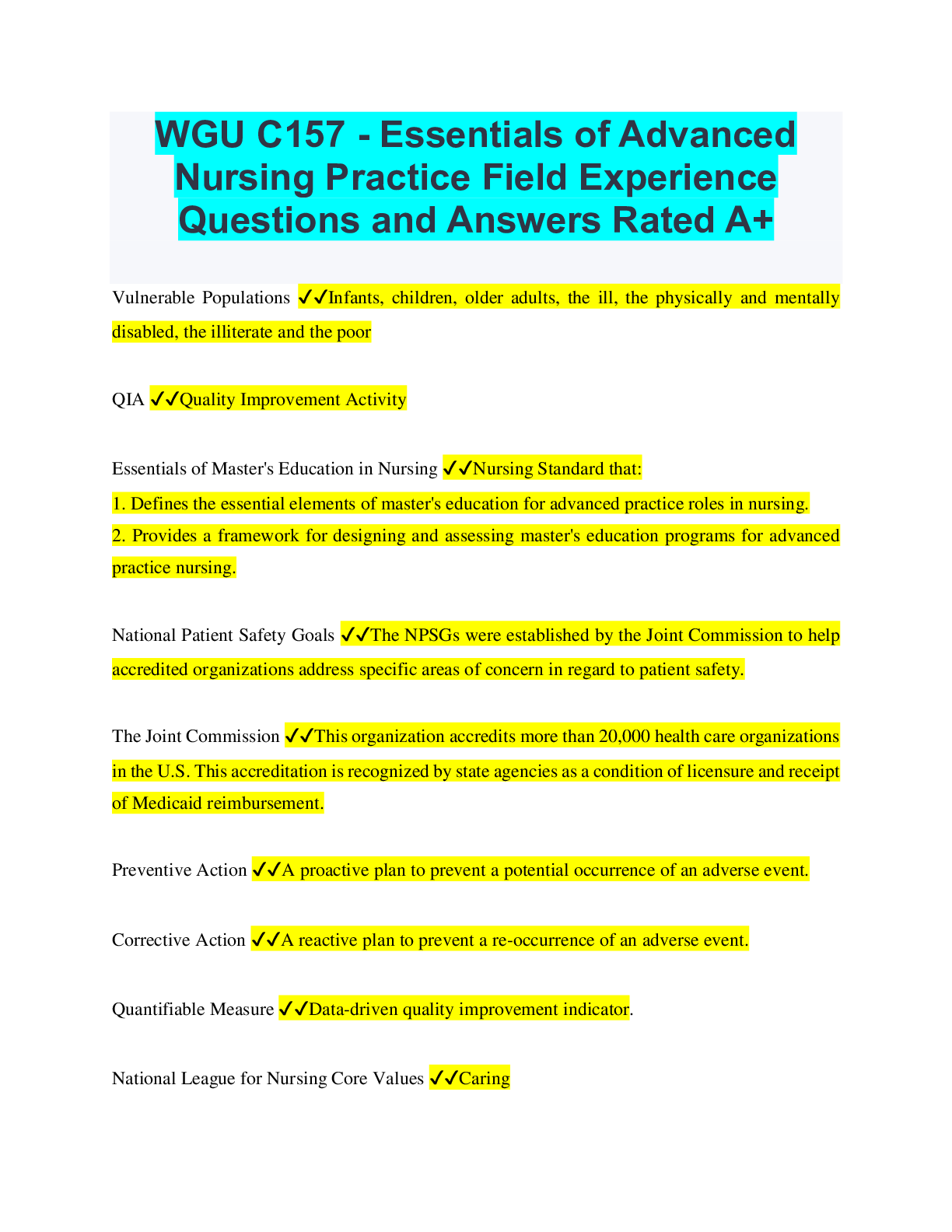 Preview of WGU C157 - Essentials of Advanced Nursing Practice Field Experience Questions and Answers